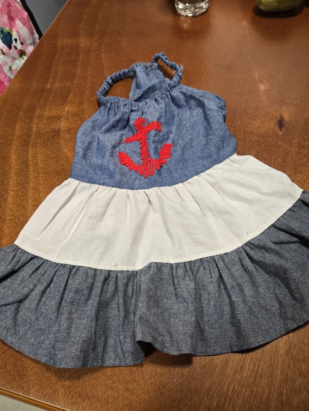 Cute Dog  Outfit In Navy & White Anchor Halter Dress with Red Embroidery